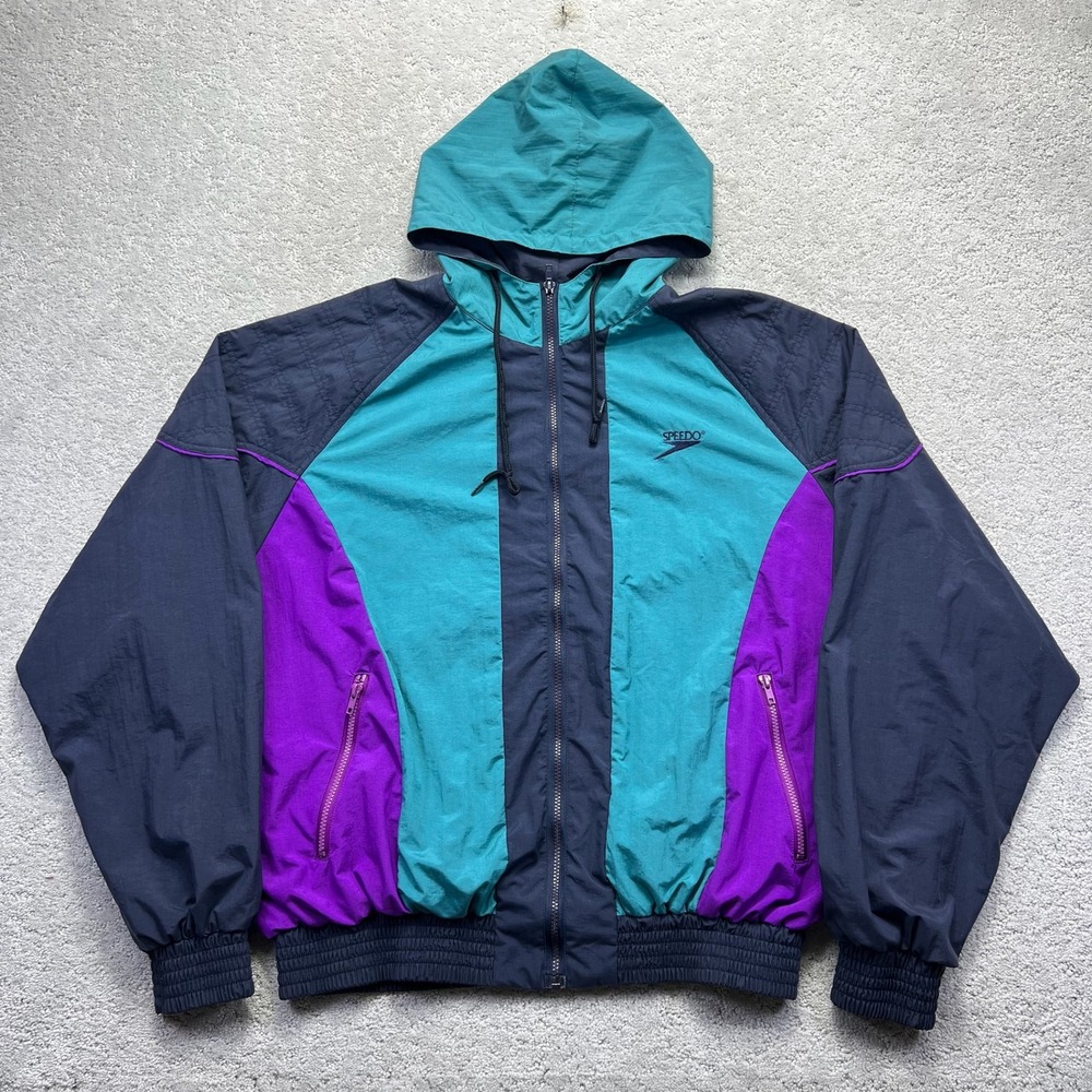 VINTAGE Speedo Jacket Mens Large Purple Teal Navy Colorblock Windbreaker Hooded